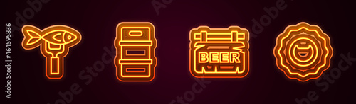 Set line Dried fish, Metal beer keg, Street signboard with Beer and Bottle opener. Glowing neon icon. Vector