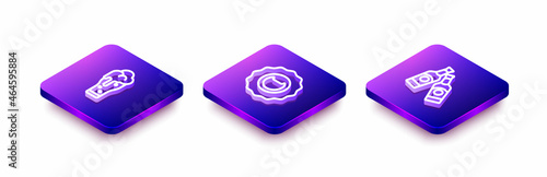 Set Isometric line Glass of beer, Bottle opener and Beer bottle icon. Vector