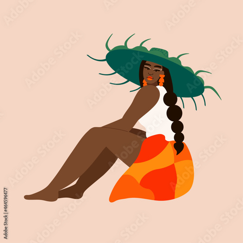 Illustration of island woman wearing palm frond hat sitting relaxing