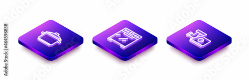 Set Isometric line Cooking pot, Oven and Kitchen meat grinder icon. Vector