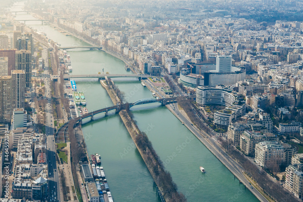 Aerial view of the river Seine. Paris cityscape. Aerial view from the Eiffel Tower