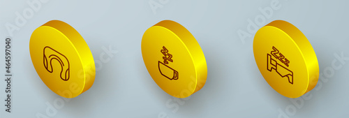Set Isometric line Travel neck pillow, Chamomile tea and Time to sleep icon. Vector