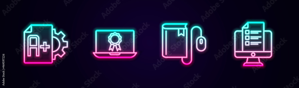 Set line Exam sheet with A plus grade, Online education diploma, Electronic book mouse and quiz, test, survey. Glowing neon icon. Vector Set line Exam sheet with A plus grade, Online education diploma, Electronic book mouse and quiz, test, survey. Glowing neon icon. Vector