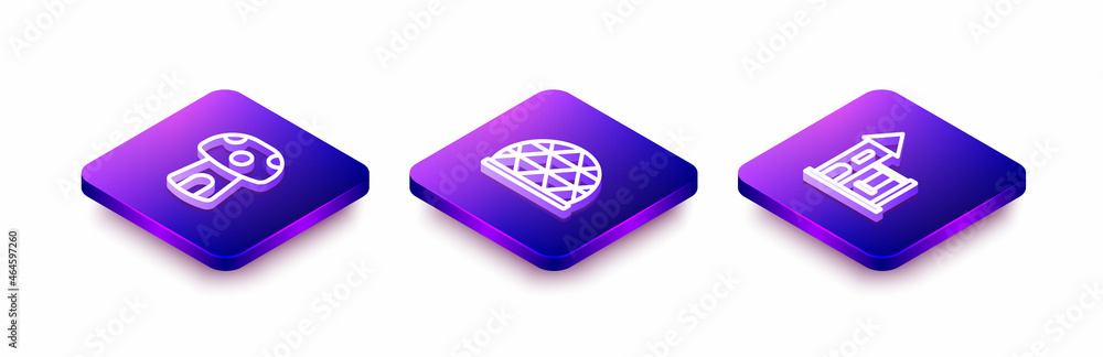 Set Isometric line Mushroom house, Playground climbing equipment and Swing for kids icon. Vector Set Isometric line Mushroom house, Playground climbing equipment and Swing for kids icon. Vector