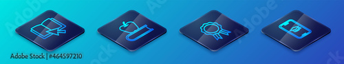 Set Isometric line Online education with diploma, book, Graduation cap mobile and Book apple icon. Vector
