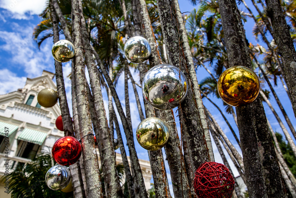 Fototapeta premium Christmas decorations - balls on a summer background. New Year in a warm country.
