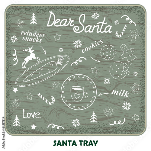 Santa tray winter concept. Place for cookies, milk and reindeer`s snacks. White text on wooden board. 