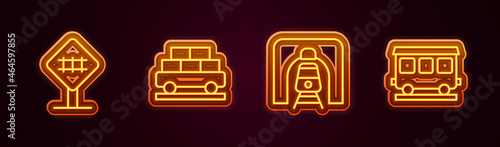 Set line Railroad crossing, Cargo train wagon, Train railway tunnel and Passenger cars. Glowing neon icon. Vector