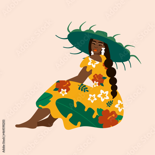 Illustration of island woman wearing tropical floral dress sitting