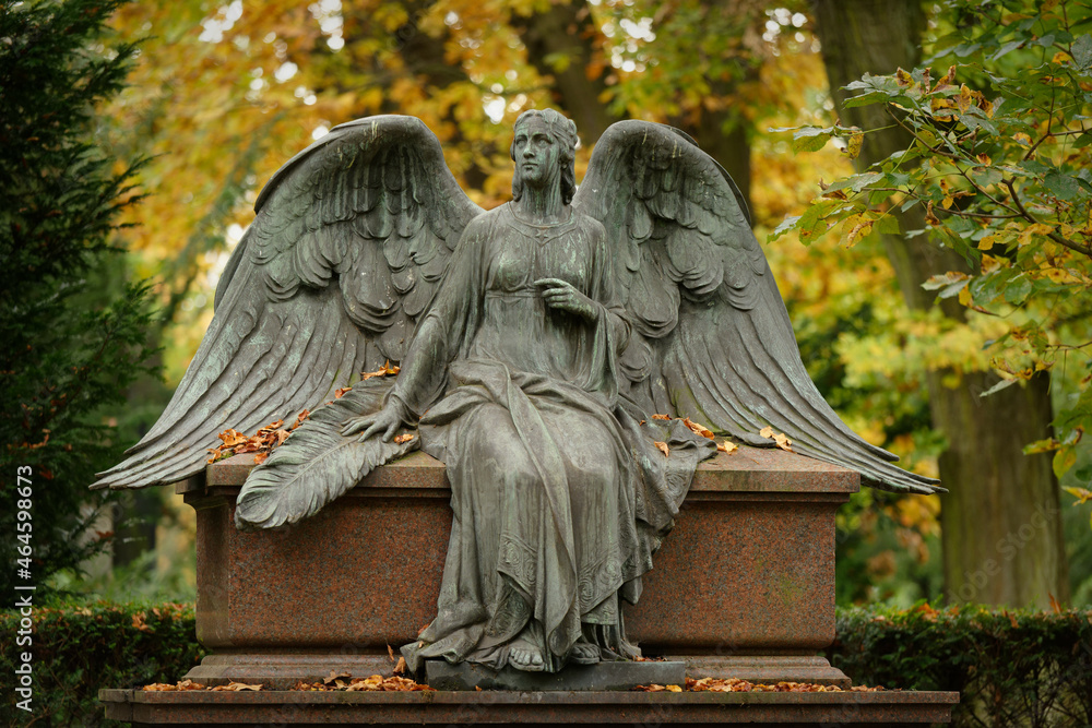beautiful angel with spread wings on a cemetery in autumn mood