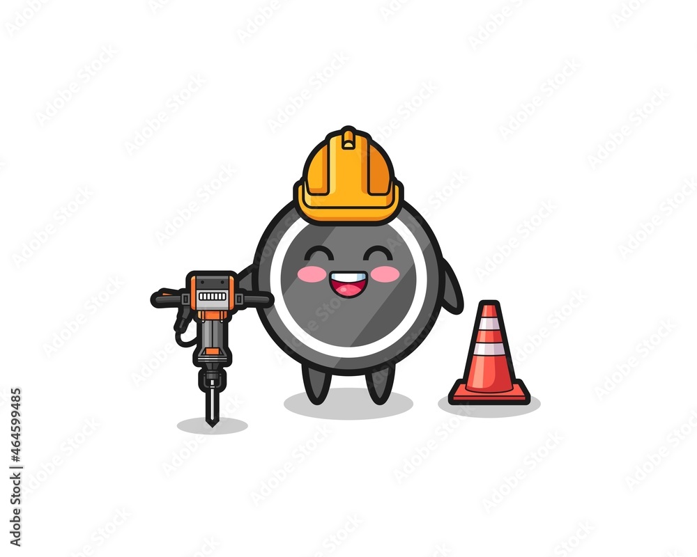 road worker mascot of hockey puck holding drill machine road worker mascot of hockey puck holding drill machine