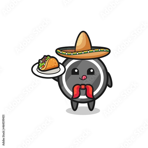 hockey puck Mexican chef mascot holding a taco