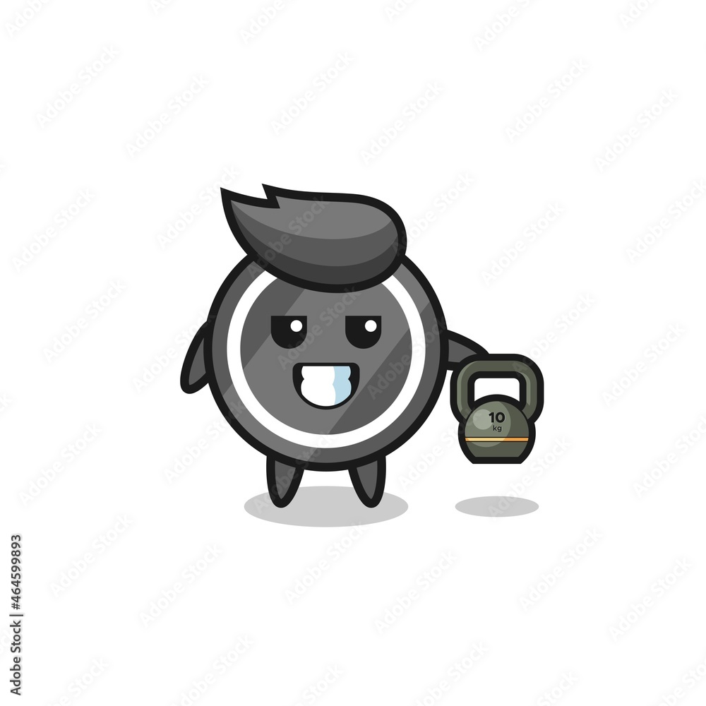 hockey puck mascot lifting kettlebell in the gym