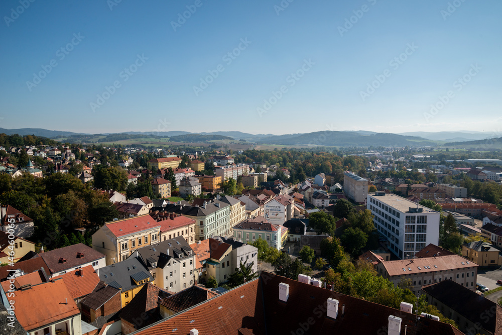 The cityscape of Klatovy, Czech Republic as seen from the Black tower