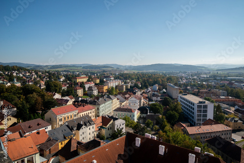 The cityscape of Klatovy, Czech Republic as seen from the Black tower