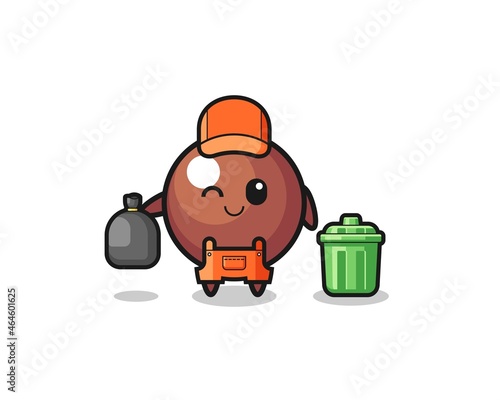 the mascot of cute chocolate ball as garbage collector