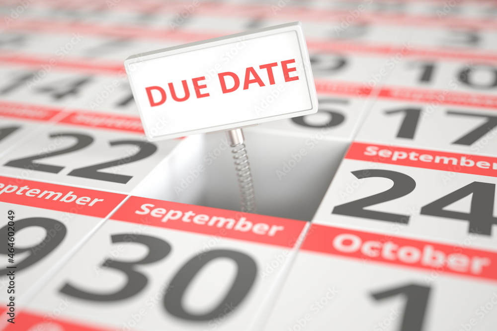 DUE DATE sign on September 23 in a calendar, 3d rendering DUE DATE sign on September 23 in a calendar, 3d rendering