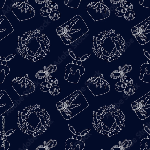 Vector seamless pattern in doodle style for Christmas and New Years ornaments and textiles. Hand-drawn background with wreath, bells, gift and Christmas pudding.