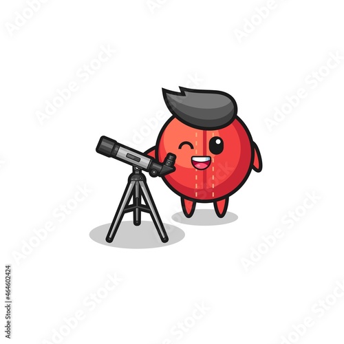 cricket ball astronomer mascot with a modern telescope