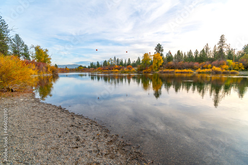 Autumn along the Spokane River as the sun sets at Plantes Ferry Park in Spokane Valley, Washington. 