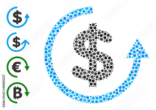 Circle mosaic refund. Vector mosaic is based on refund icon, and done with random circle items. Vector icon of refund combined with random spheric points.