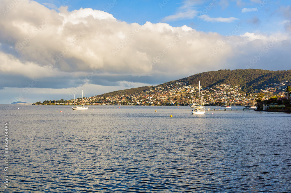 The River Derwent rises at Lake St Clair and flows over more than 200 kilometers before reaching the Tasman Sea - Hobart, Tasmania, Australia