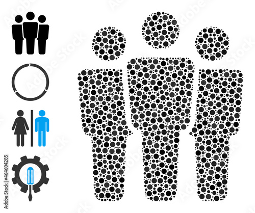Rounded dot collage people. Vector mosaic is based on people icon, and created of randomized round items. Vector icon of people created with random round items.