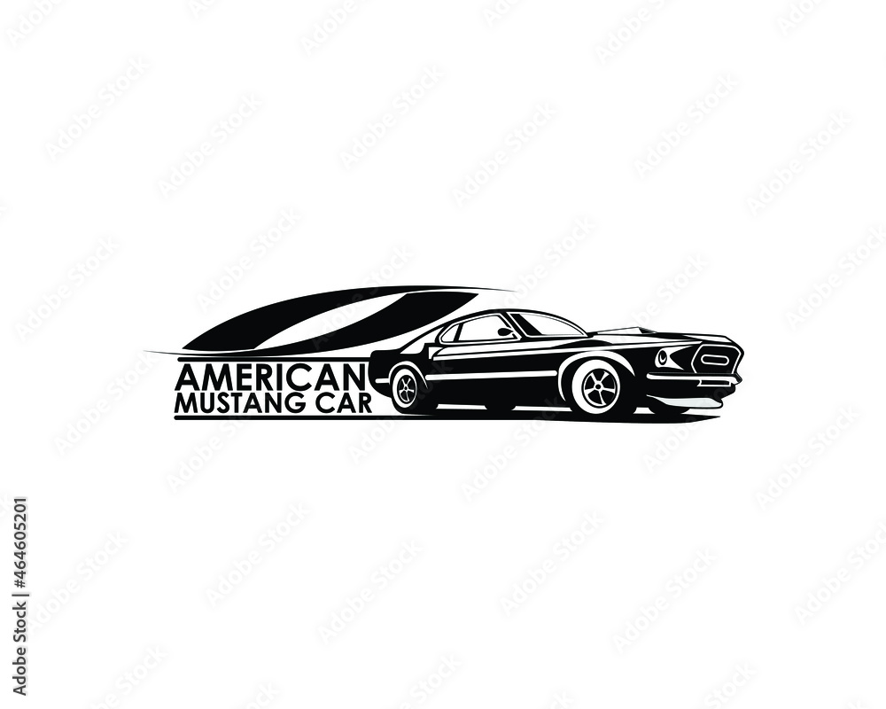 vector graphic illustration of a black mustang car on a white background. - obrazy, fototapety, plakaty 