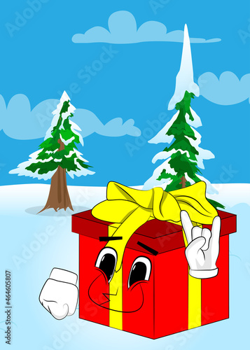 Gift Box with hands in rocker pose as a cartoon character. Holiday, Celebration surprise with happy face emotion.