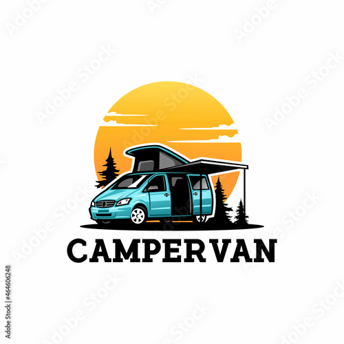 camper van with side awning infront of sun and pines isolated logo vector