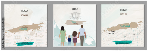 Church banner graphics for Social Media Post Template, Bible Study and
worship concept with Family looking  the open Bible.
