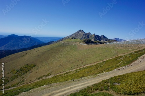 Beautiful landscapes of mountain ranges of the Caucasus Mountains in the Krasnaya Polyana region of Sochi, Russia