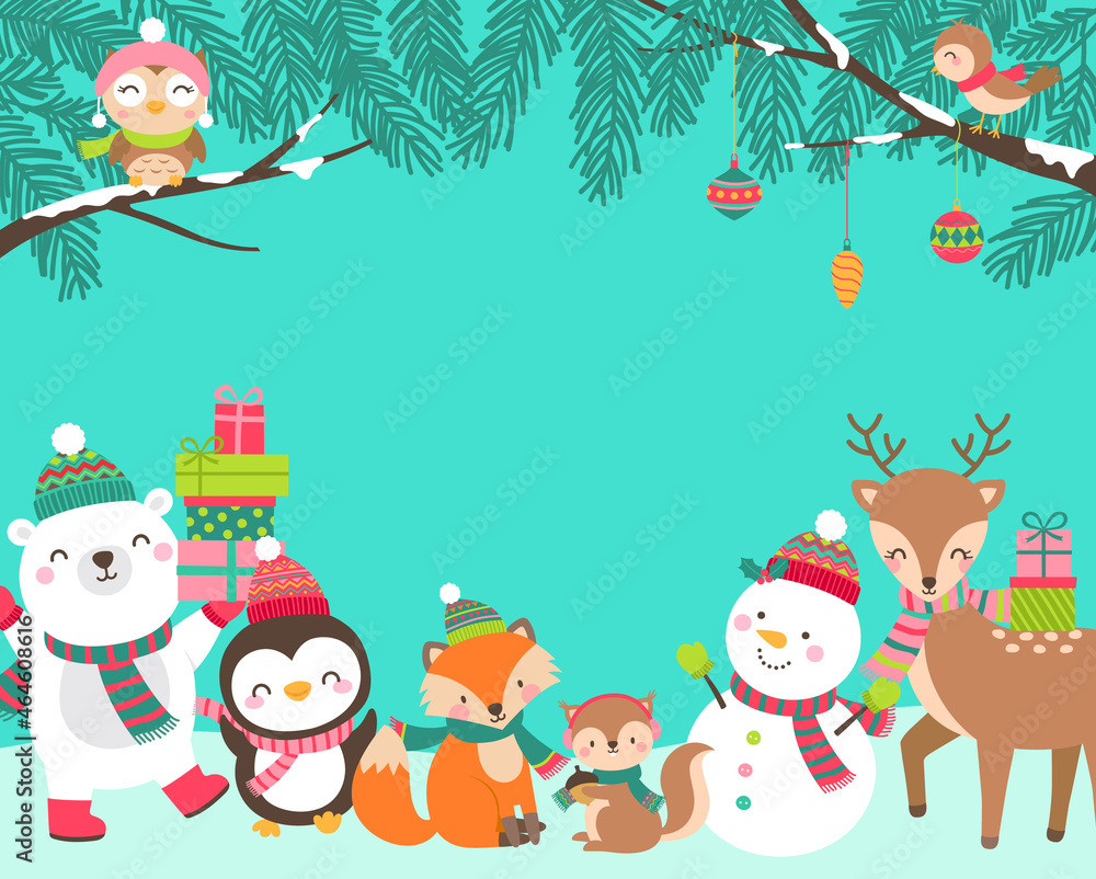 Cute cartoon animals illustration with copy space for christmas and new year card template. Cute cartoon animals illustration with copy space for christmas and new year card template.