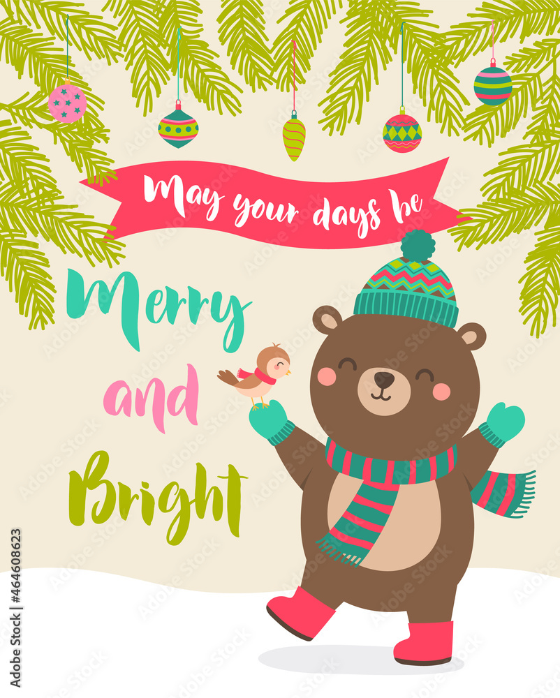 Cute bear and bird cartoon illustration  for christmas and new year card template.