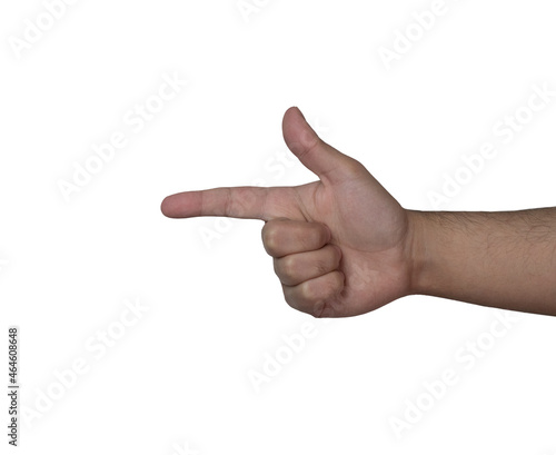 Hand pose finger gun isolated white background