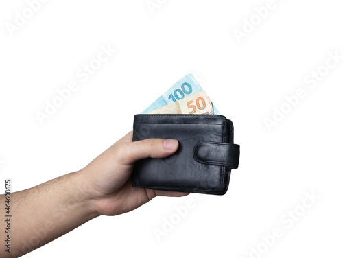 hand holding a wallet with brazilian money white background