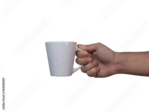 hand holding a cup on white background