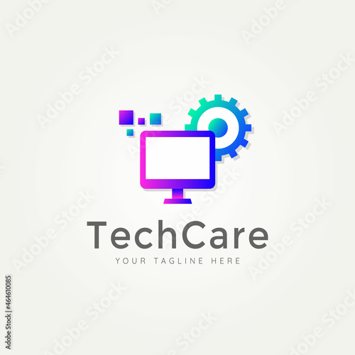 tech service minimalist flat logo. computer monitor with repair symbol and gradient color logo vector illustration design