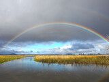 A rainbow over a lake.