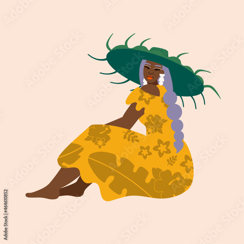 Illustration of senior island woman wearing floral dress relaxing
