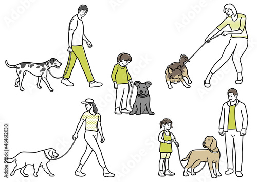 犬を連れた人物のシンプルな線画イラストセット