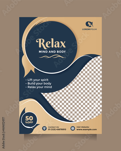 Creative and modern beauty treatment service promotion design flyer and brochure with a4 size. Template concept of professional hair spa, yoga, meditation, cosmetic sale, skin treatment, etc