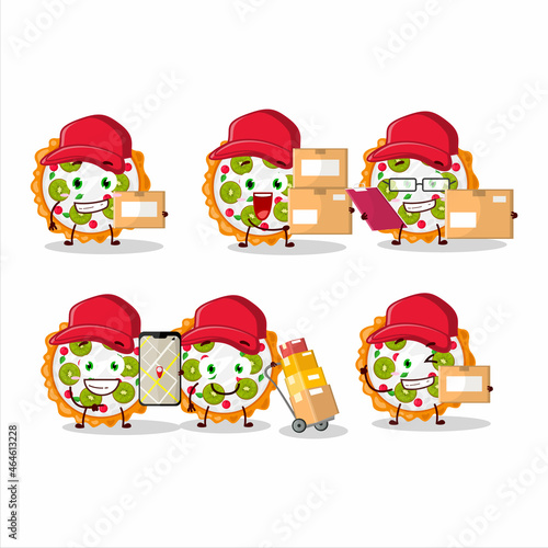 Cartoon character design of fruit tart working as a courier