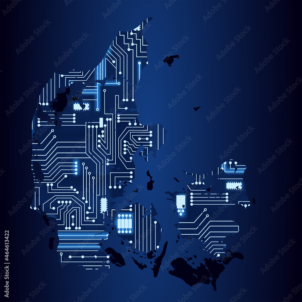 Contour map of Denmark with a technological electronics circuit. Contour map of Denmark with a technological electronics circuit.