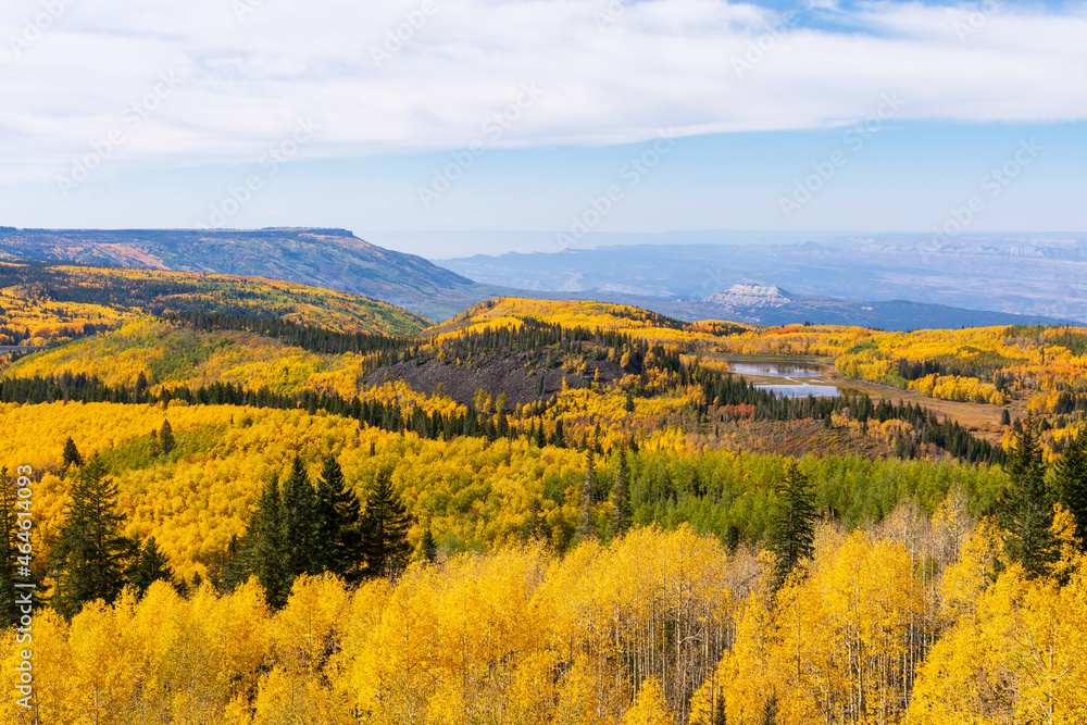 Aerial view of autumn, falls colors of Grand Mesa National Forest from overlook at Scenic Byway State Highway 65 in Colorado Aerial view of autumn, falls colors of Grand Mesa National Forest from overlook at Scenic Byway State Highway 65 in Colorado