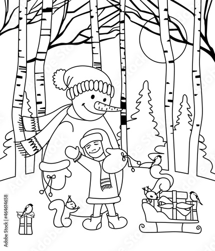 A snowman and a child in the winter forest on New Year's Eve are enjoying the holiday, surrounded by forest dwellers and gifts. Coloring.