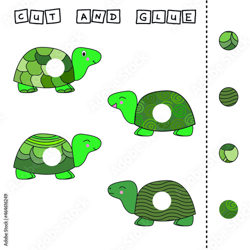 Developing an activity for children, the task is to cut and glue a piece on colorful cute turtles. Logic game for children.