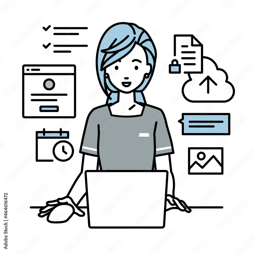 デスクで座ってPCでプロジェクトやタスクの管理の仕事をしているエステ店員の女性