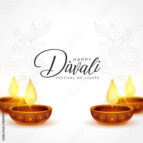 happy diwali white background with diya decoration
