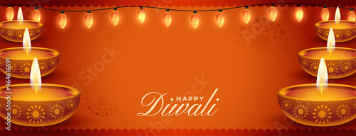 realistic happy diwali festival banner with lights and diya decoration